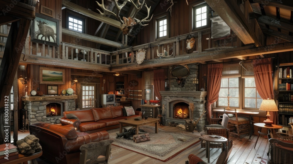 Rustic style hunting house with wooden furniture, furnishings, trophy on the wall. Interior. Generative AI Rustic style hunting house with wooden furniture, furnishings, trophy on the wall. Interior. Generative AI