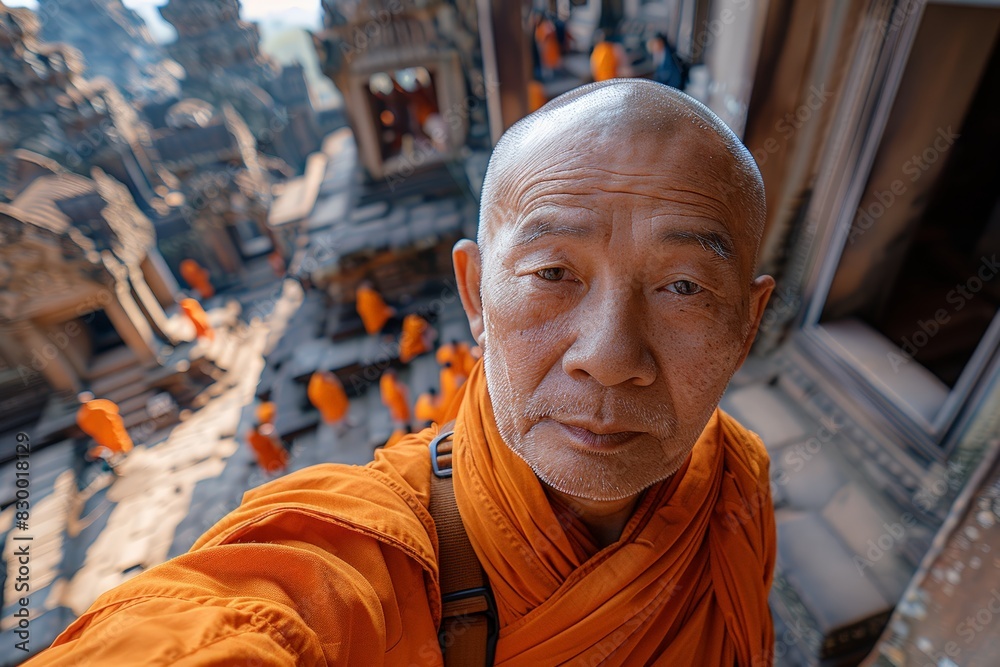 Buddhist monk in Angkor Wat’s ancient temple Buddhist monk in Angkor Wat’s ancient temple