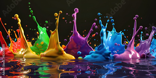 A colorful splash of paint is being poured into a black background