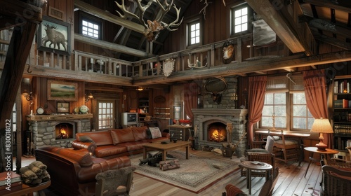 Rustic style hunting house with wooden furniture, furnishings, trophy on the wall. Interior. Generative AI