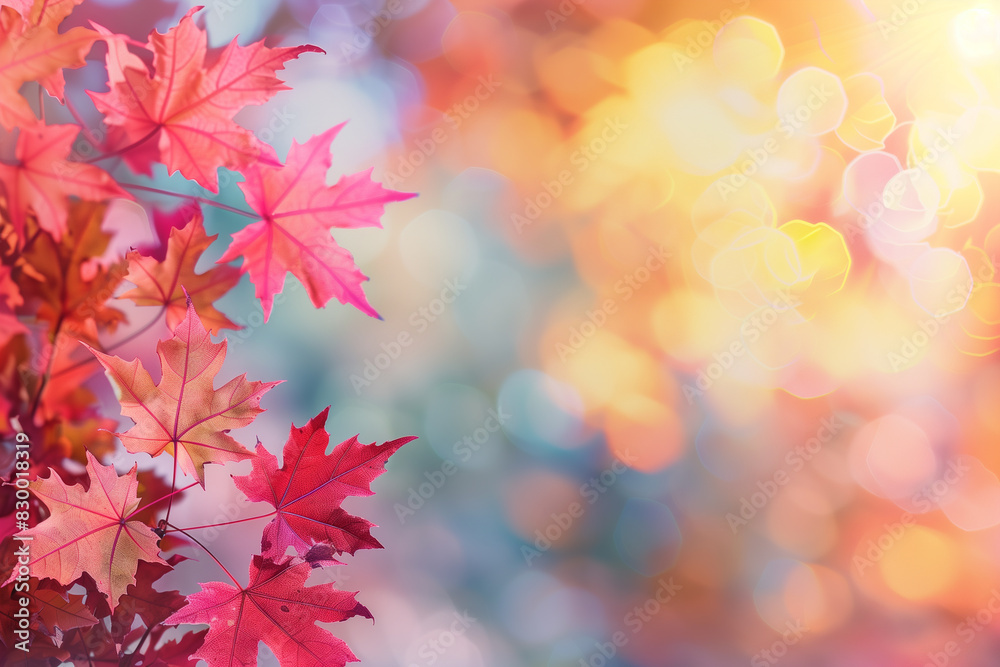 An autumn background with red and orange leaves on a blurred bokeh light nature background, serving as a banner template for design with copy space concept. The scene is colorful with sunlight