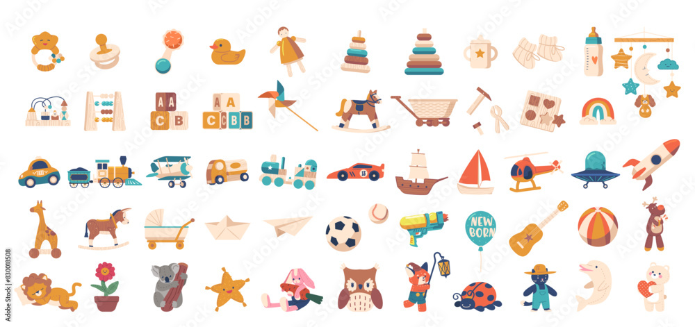 Collection Of Colorful Kids Toys And Playful Elements. Vector Plush Toys, Stacking Rings, Cars And Educational Items Collection Of Colorful Kids Toys And Playful Elements. Vector Plush Toys, Stacking Rings, Cars And Educational Items