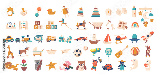 Collection Of Colorful Kids Toys And Playful Elements. Vector Plush Toys, Stacking Rings, Cars And Educational Items