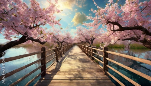 桜の木に囲まれた長い木材の橋、幻想的な空間、くっきりとシンプルに、クールでスタイリッシュに表現 Generated by AI photo
