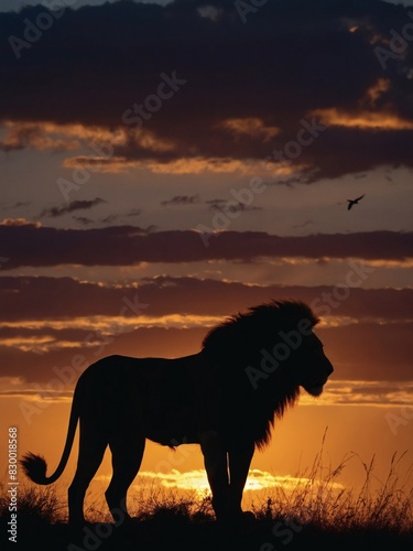 Twilight on the savanna, Adult lion silhouette gracing the African horizon. © xKas