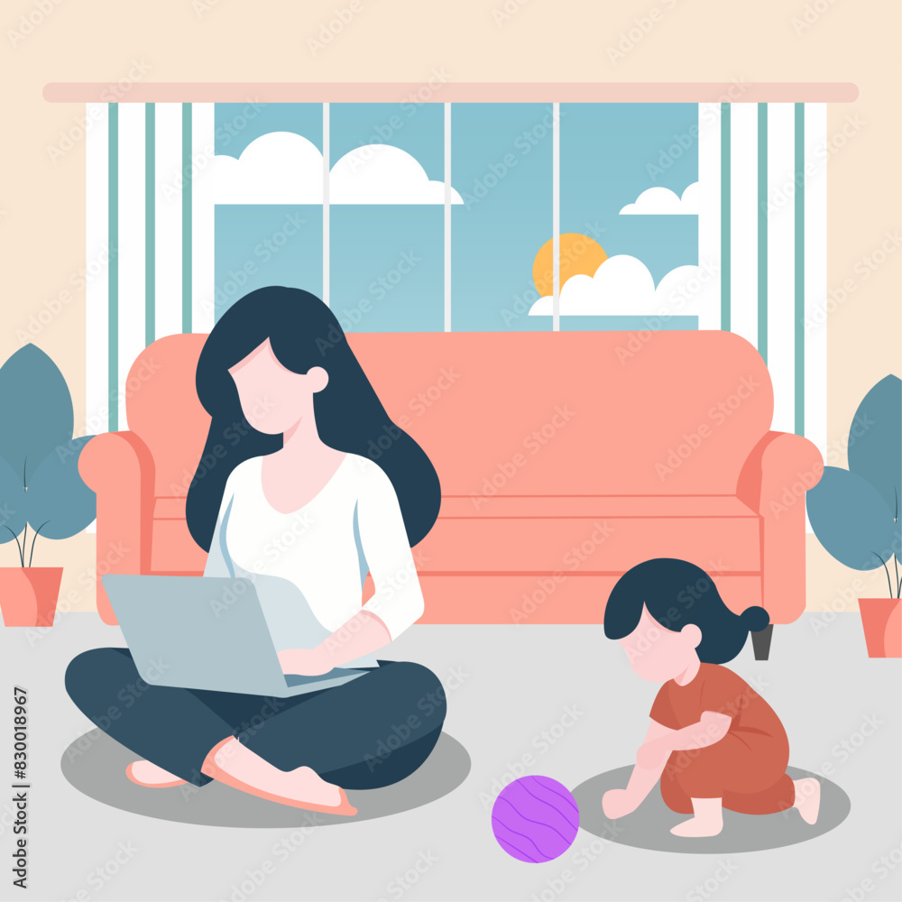 Indian mother working from home and taking care of their child Indian mother working from home and taking care of their child