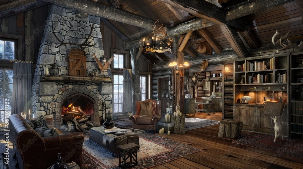 Rustic style hunting house with wooden furniture, furnishings, trophy on the wall. Interior. Generative AI Rustic style hunting house with wooden furniture, furnishings, trophy on the wall. Interior. Generative AI