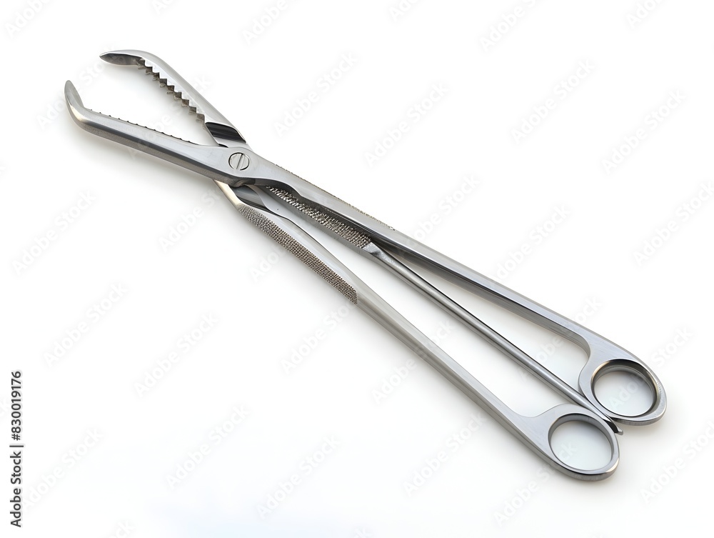 Metallic Surgical Forceps on Plain White Background Prepared for Medical Procedure or Metallic Surgical Forceps on Plain White Background Prepared for Medical Procedure or