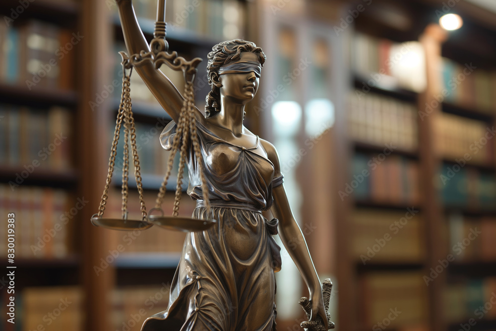 Fototapeta premium Themis statue with scales and sword on a desk in a Law Firm office. Creative copy space background for Court of Justice and lawyer, attorney or judge business related websites. 