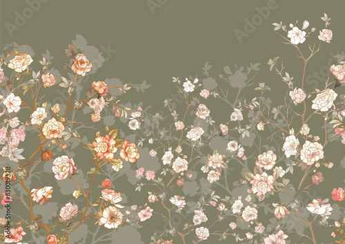 Blossom trees with flowers. Seamless pattern, background. Vector illustration. In Chinoiserie, japandi, botanical style