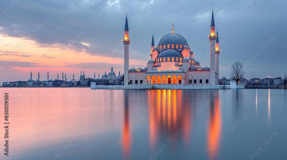 Obraz premium Awesome buildings of mosque in ramadan vibes Ramadan kareem eid mubarak islamic mosque
