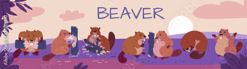 Cute beavers chewing wood on the river flat vector illustration, cartoon wild rodent animals set fauna nature design