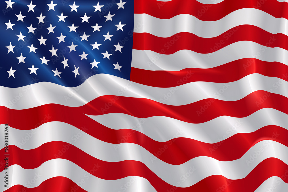 Obraz premium 3d American flag background with wavy stripes and stars, navy blue background, High Details, 8k, UHD