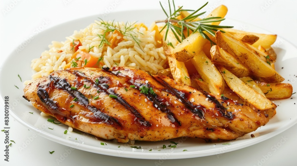 Grilled chicken with rice pilaf and french fries on a white background