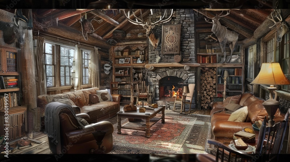 Fototapeta premium Rustic style hunting house with wooden furniture, furnishings, trophy on the wall. Interior. Generative AI