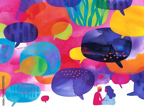 Colorful watercolor illustration of young couple talking under a lot of speech bubbles 