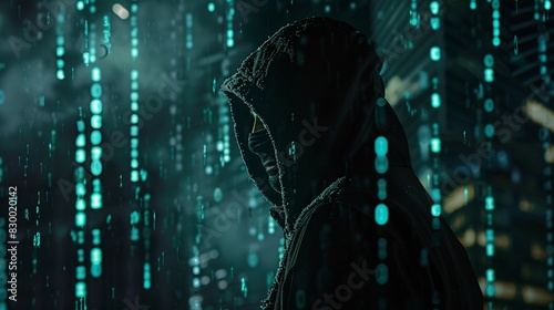 Masked hacker in a dark room surrounded by digital code, representing the stealth and danger of cyber robbery.