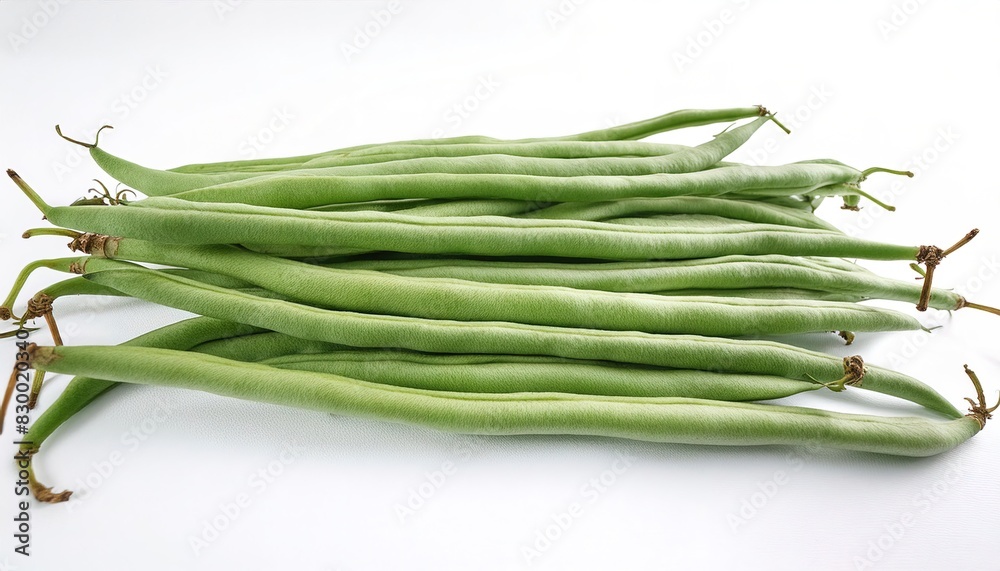Green beans picked from the vine are young, unripe fruits of various cultivars of the common bean, ready to be cut, cooked and eaten or used as an ingredient in cooking. isolated on white background Green beans picked from the vine are young, unripe fruits of various cultivars of the common bean, ready to be cut, cooked and eaten or used as an ingredient in cooking. isolated on white background