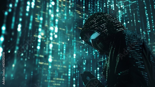 Masked hacker in a dark room surrounded by digital code, representing the stealth and danger of cyber robbery. photo