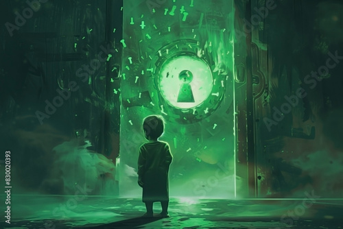 illustration painting of little boy standing in front of the keyhole with the green light and many keys floating around him, digital art style