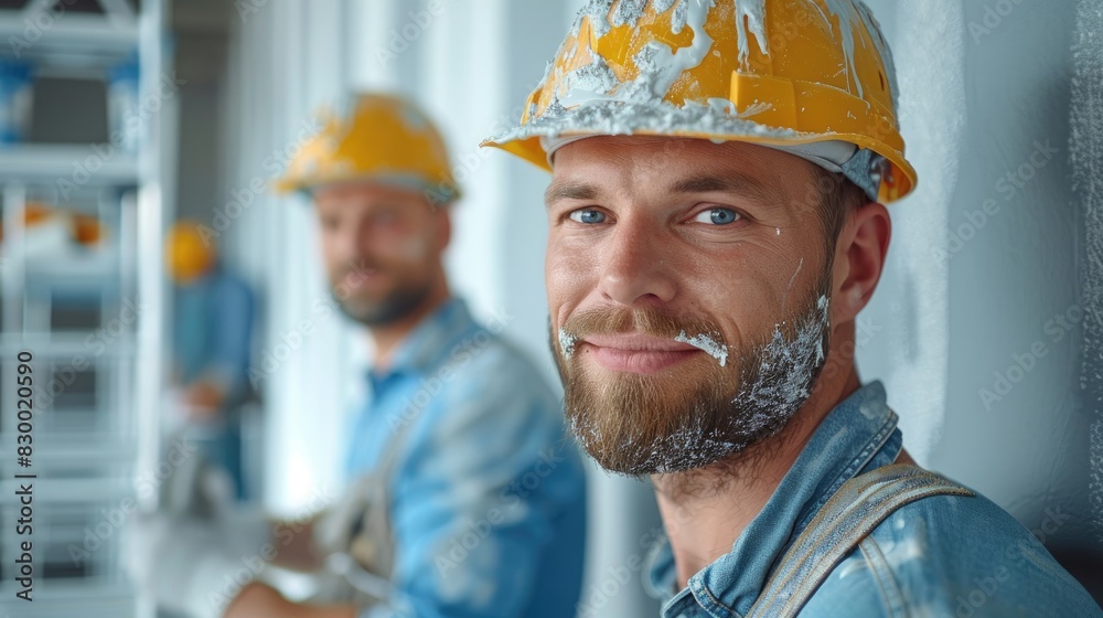 Construction worker in hard hat smiling, covered in paint, with coworker in the background. Teamwork and dedication on a job site. Construction worker in hard hat smiling, covered in paint, with coworker in the background. Teamwork and dedication on a job site.
