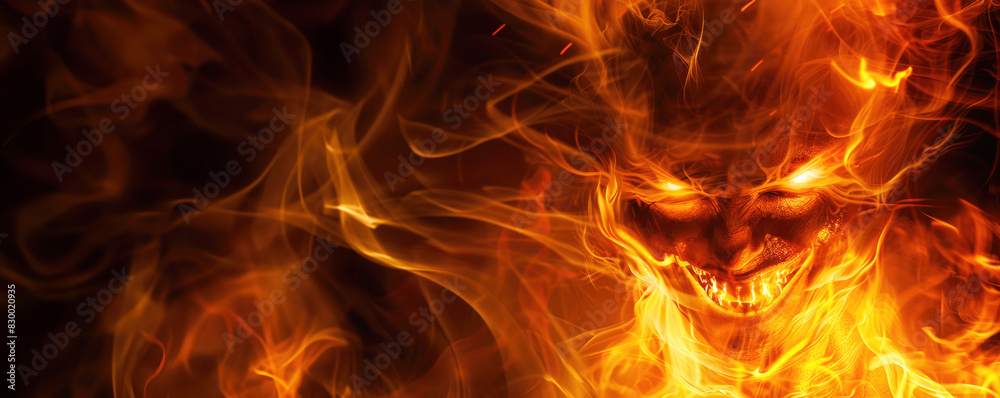 Fototapeta premium fiery demon in hell with an evil grin made of fire, glowing eyes and flames surrounding his face.