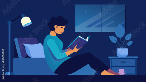 Instead of scrolling through his phone before bedtime he turns off electronics and reads a book prioritizing rest and relaxation.. Vector illustration