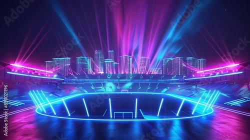 A 3D rendering of an abstract neon stadium at night, with spotlights shining and city buildings in the background. This artwork combines elements of mixed media to create a dynamic and vibrant scene. 