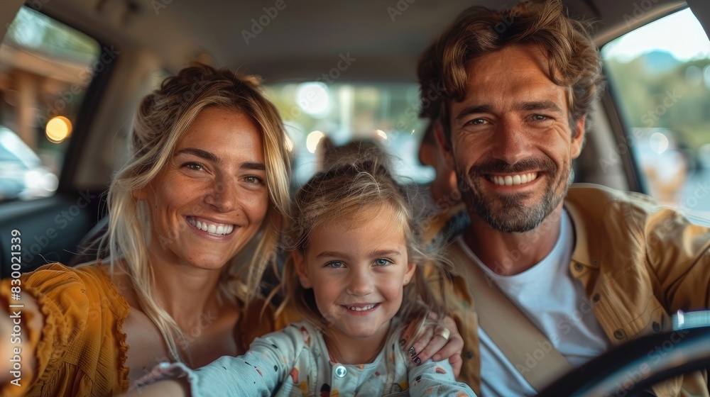 Happy family enjoying road trip together. Smiling parents and daughter sitting in car, capturing joyful moments. Happy family enjoying road trip together. Smiling parents and daughter sitting in car, capturing joyful moments.