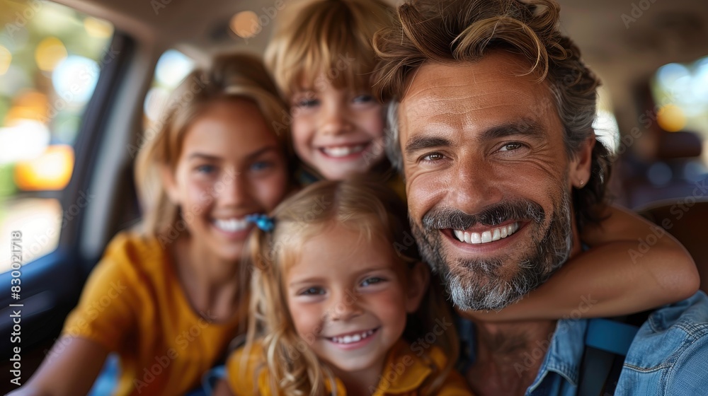 Happy family smiling together in a car, enjoying a road trip. Father and three children, close-up, outside in sunlight, bonding and fun times. Happy family smiling together in a car, enjoying a road trip. Father and three children, close-up, outside in sunlight, bonding and fun times.