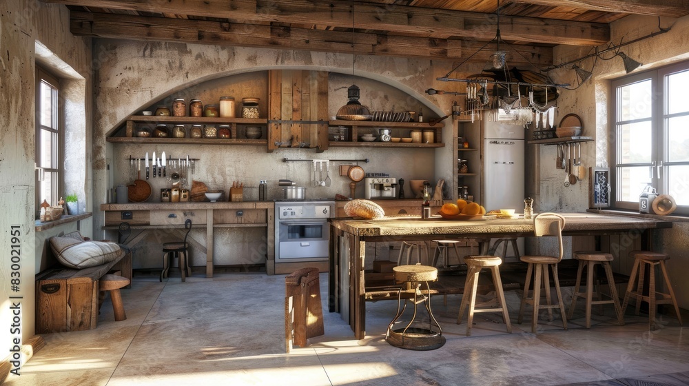 Naklejka premium Rustic style kitchen with wooden furniture, shelves and cupboards, but with modern kitchen appliances and tools. Interior. Generative AI