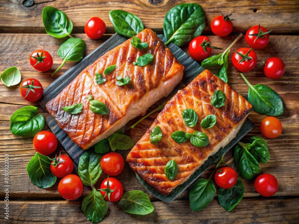Grilled salmon fillets garnished with fresh basil and surrounded by cherry tomatoes and spinach leaves on a rustic wooden table. Grilled salmon fillets garnished with fresh basil and surrounded by cherry tomatoes and spinach leaves on a rustic wooden table.