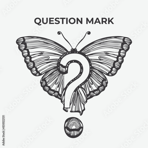 Question Mark butterfly Detailed Outline for Artistic Coloring. Vector Illustration