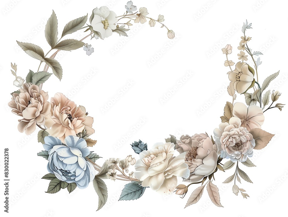 An illustration of a floral wreath with a variety of flowers, including roses, peonies, and lilies An illustration of a floral wreath with a variety of flowers, including roses, peonies, and lilies