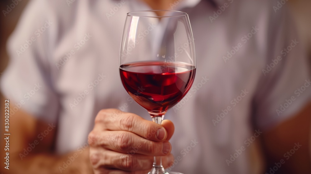 Man's hand holding glass of red wine closeup with blurred gentleman on background.
Man's hand holding glass of red wine closeup with blurred gentleman on background.