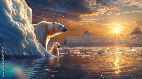 Polar bears on ice at sunset, Arctic landscape with glaciers, serene and majestic wildlife scene reflecting on water. photo