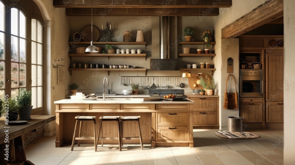 Rustic style kitchen with wooden furniture, shelves and cupboards, but with modern kitchen appliances and tools. Interior. Generative AI Rustic style kitchen with wooden furniture, shelves and cupboards, but with modern kitchen appliances and tools. Interior. Generative AI