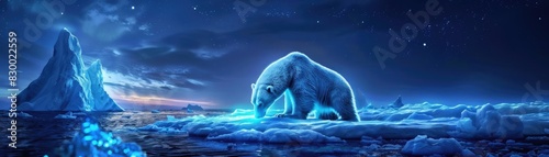 A mesmerizing digital artwork of a glowing polar bear on an icy landscape, illuminated under a starry night sky. Stunning and ethereal scene. photo