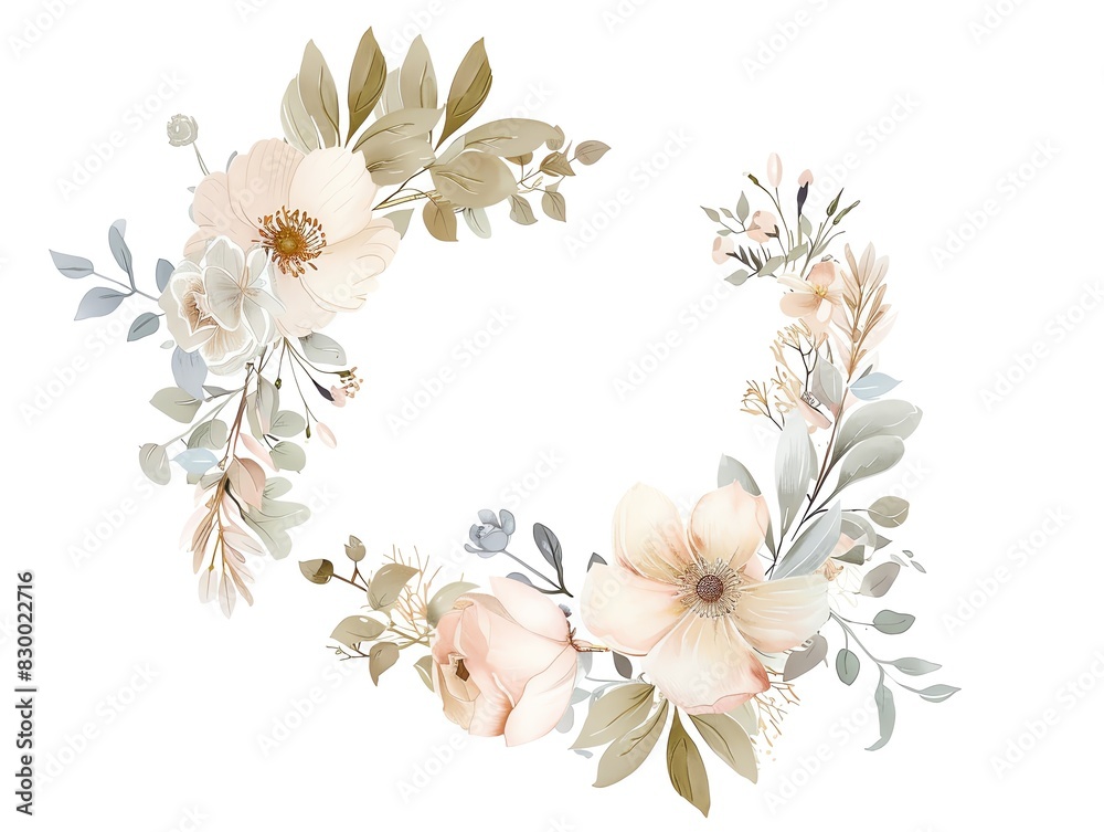 An elegant floral wreath with a variety of flowers in muted colors. Perfect for wedding invitations, cards, and other special occasions.