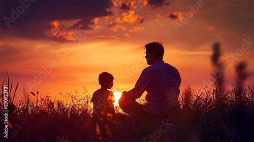 Father And Child Enjoying Their Time At Sunset Evening, Happy Father's Day