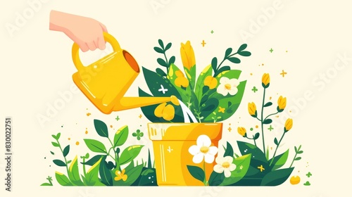 Nurture your indoor plant with a vibrant yellow watering can enriching its pot filled with a blooming flower and lush green leaves witnessing its growth and development unfold Embrace the j