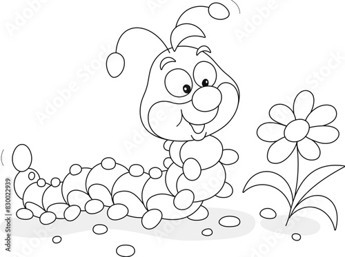 Funny cartoony caterpillar friendly smiling and looking at a beautiful flower in a summer garden, black and white outline vector cartoon illustration for a coloring book