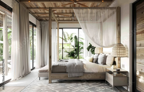 bedroom with a large bed, a canopy over the head of it and a balcony door on one side, a wooden ceiling, a gray patterned rug under the bed, white walls, light pink linen curtains at each end of the r