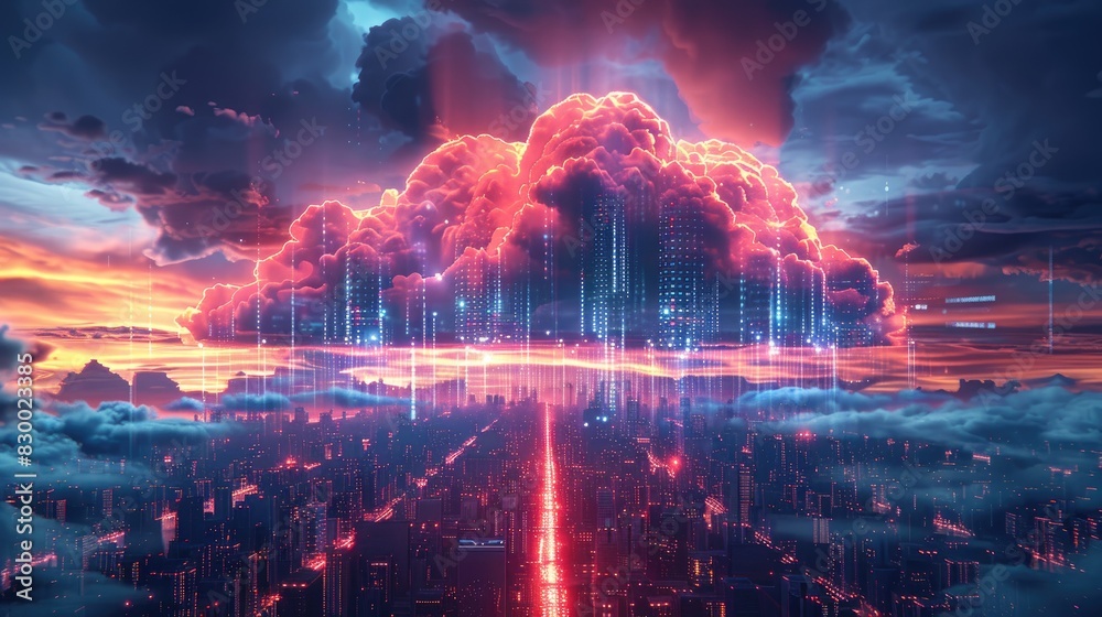 Futuristic digital cloudscape with vibrant colors, representing advanced technology and connected networks in a modern skyline. Futuristic digital cloudscape with vibrant colors, representing advanced technology and connected networks in a modern skyline.