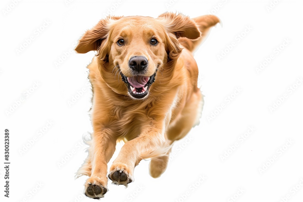 Obraz premium Golden retriever dog running and jumping happily isolated on a transparent background .