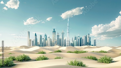 Middle Eastern skyline with natural elements. Abstract design template featuring skyscrapers and sand dunes in a 3D illustration. Isolated background