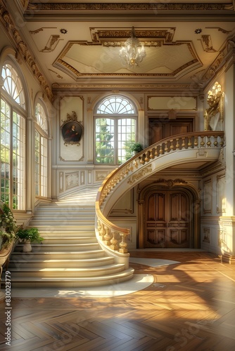 European style indoor mansion staircase and corridor