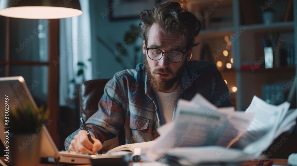 Debtor calculating expenses before deadline, home office, bills and calculator, worried look Debtor calculating expenses before deadline, home office, bills and calculator, worried look