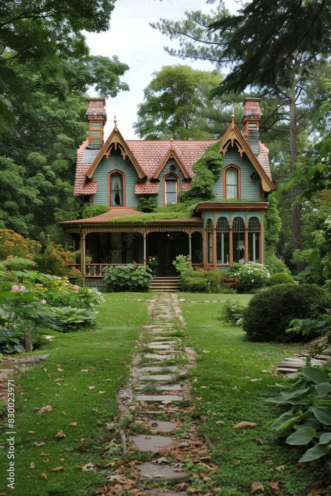 Stately Victorian Home with Classic Red Roof and Lush Green Lawn Stately Victorian Home with Classic Red Roof and Lush Green Lawn