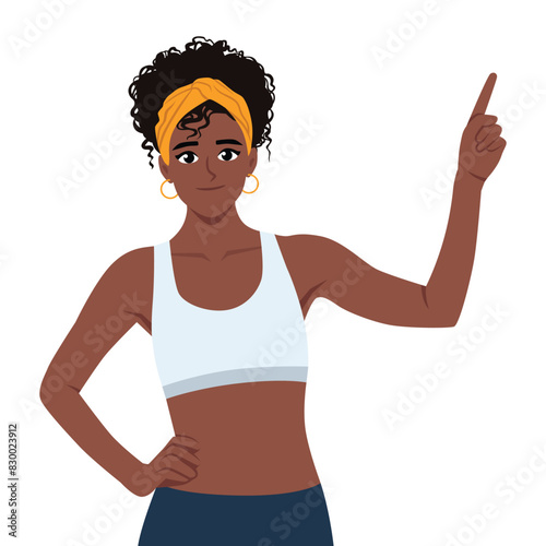 Young sports woman pointing up ideas. Flat vector illustration isolated on white background